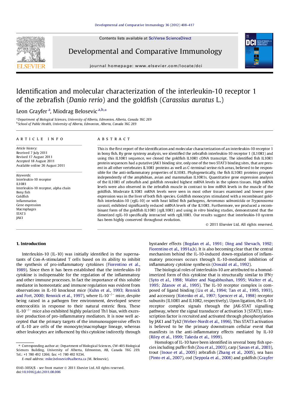 Identification and molecular characterization of the interleukin-10 receptor 1 of the zebrafish (Danio rerio) and the goldfish (Carassius auratus L.)