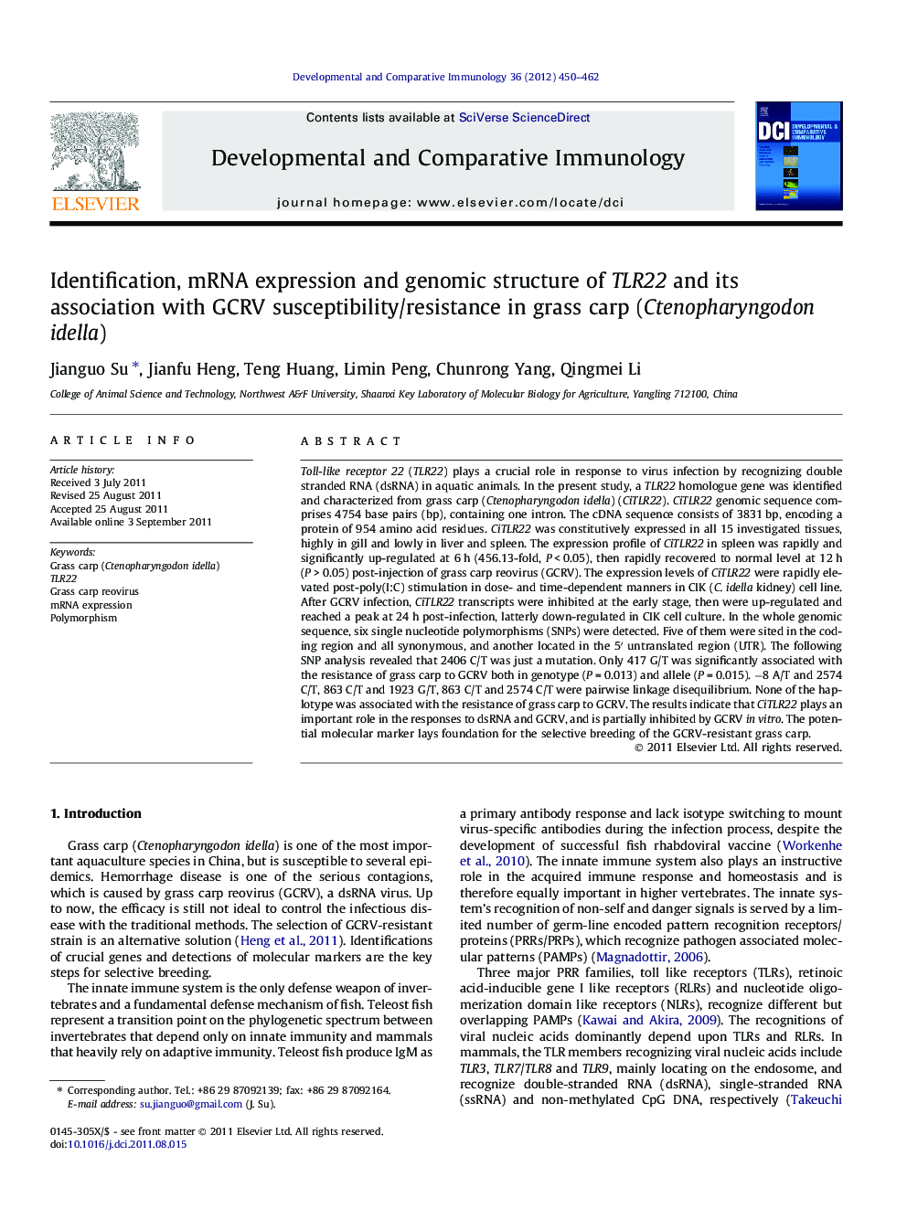 Identification, mRNA expression and genomic structure of TLR22 and its association with GCRV susceptibility/resistance in grass carp (Ctenopharyngodon idella)