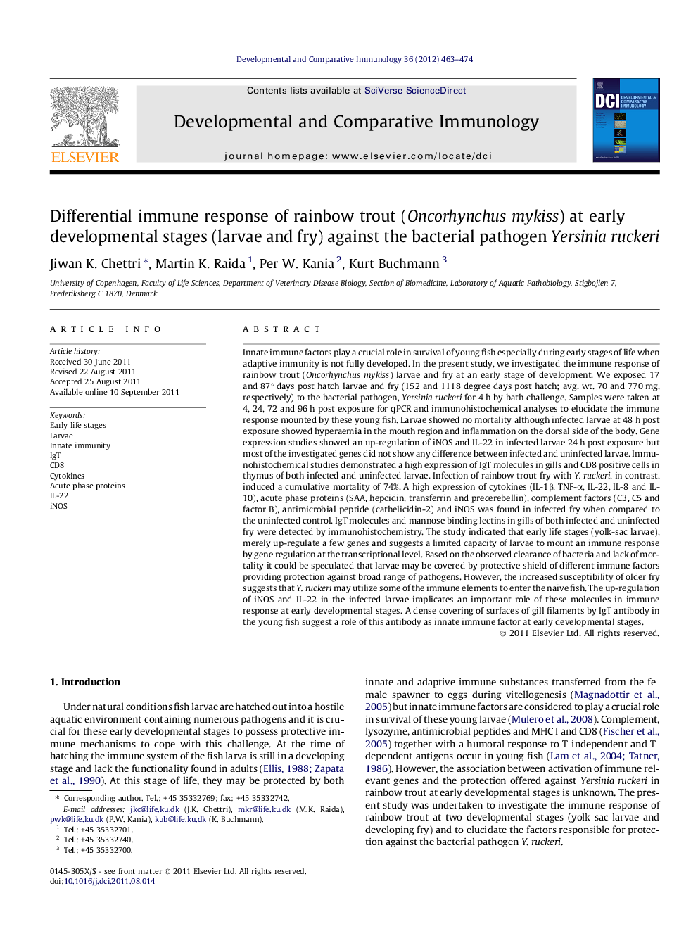 Differential immune response of rainbow trout (Oncorhynchus mykiss) at early developmental stages (larvae and fry) against the bacterial pathogen Yersinia ruckeri