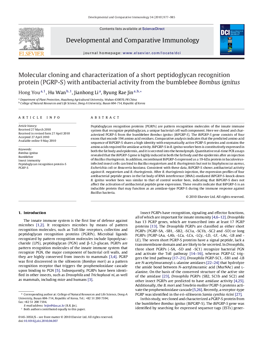 Molecular cloning and characterization of a short peptidoglycan recognition protein (PGRP-S) with antibacterial activity from the bumblebee Bombus ignitus