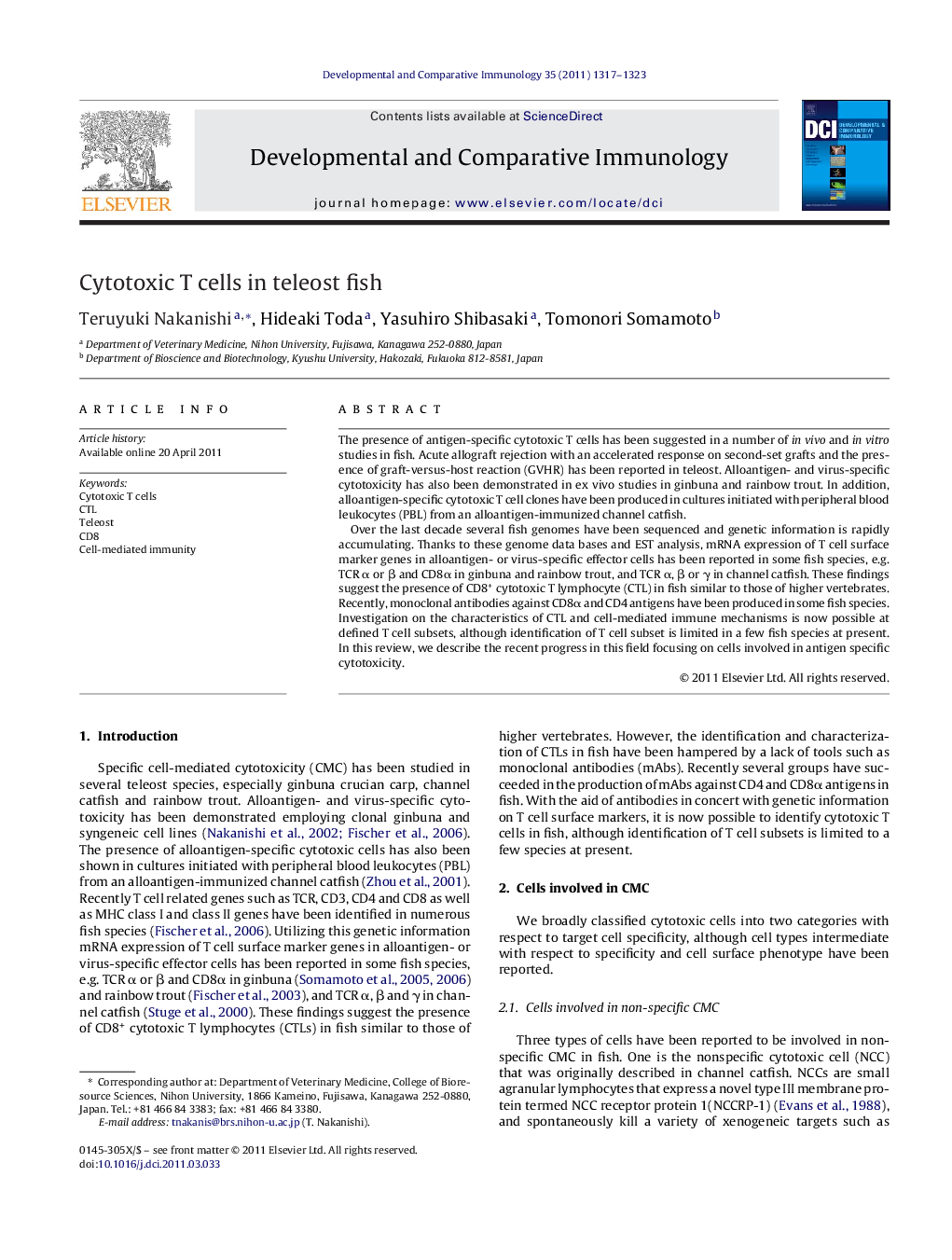 Cytotoxic T cells in teleost fish