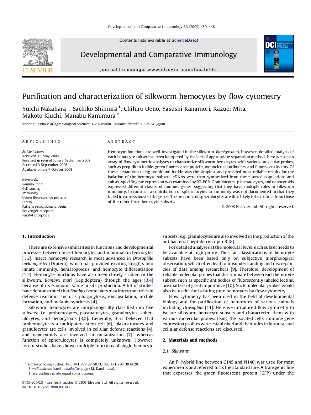 Purification and characterization of silkworm hemocytes by flow cytometry