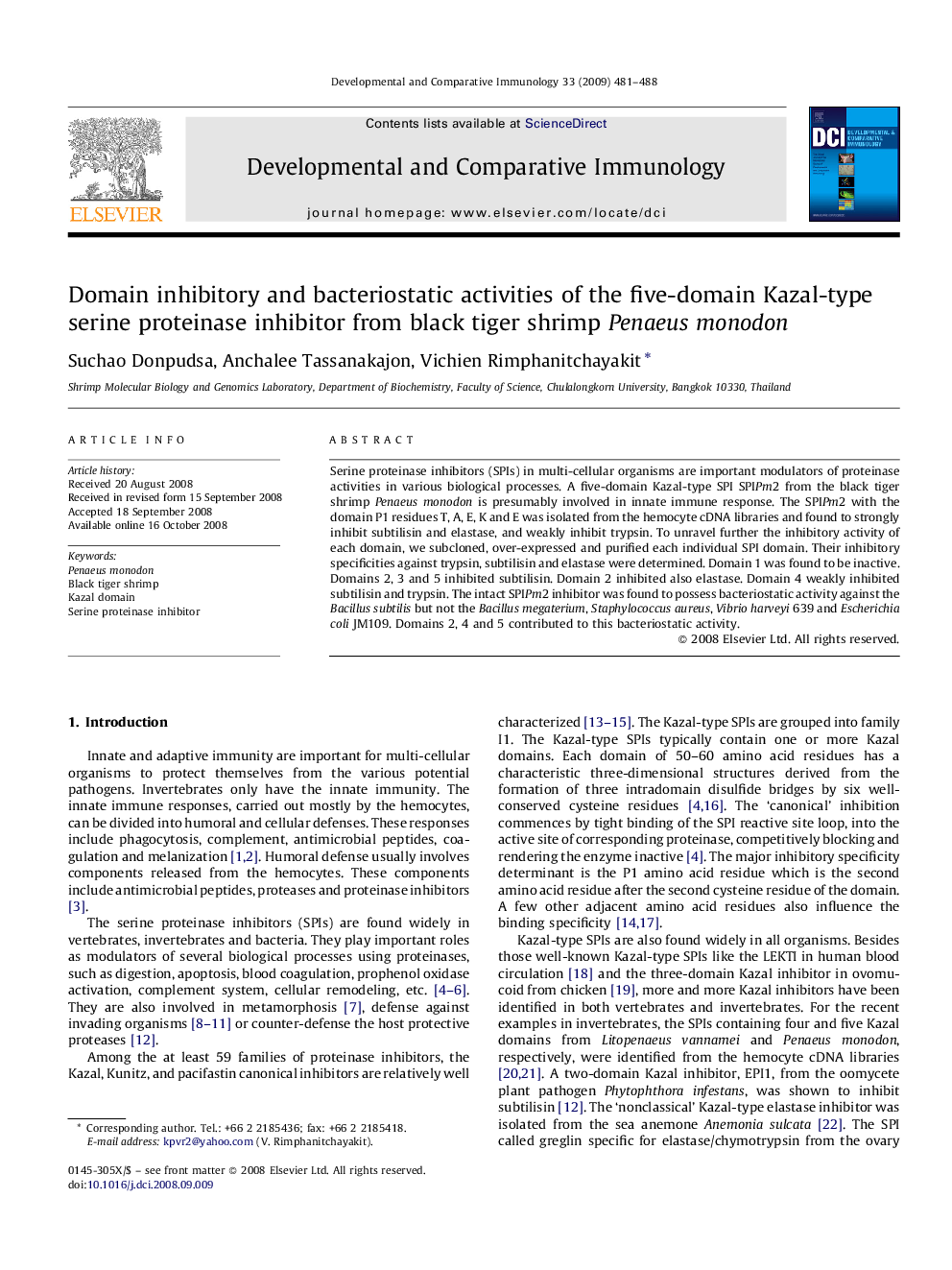 Domain inhibitory and bacteriostatic activities of the five-domain Kazal-type serine proteinase inhibitor from black tiger shrimp Penaeus monodon