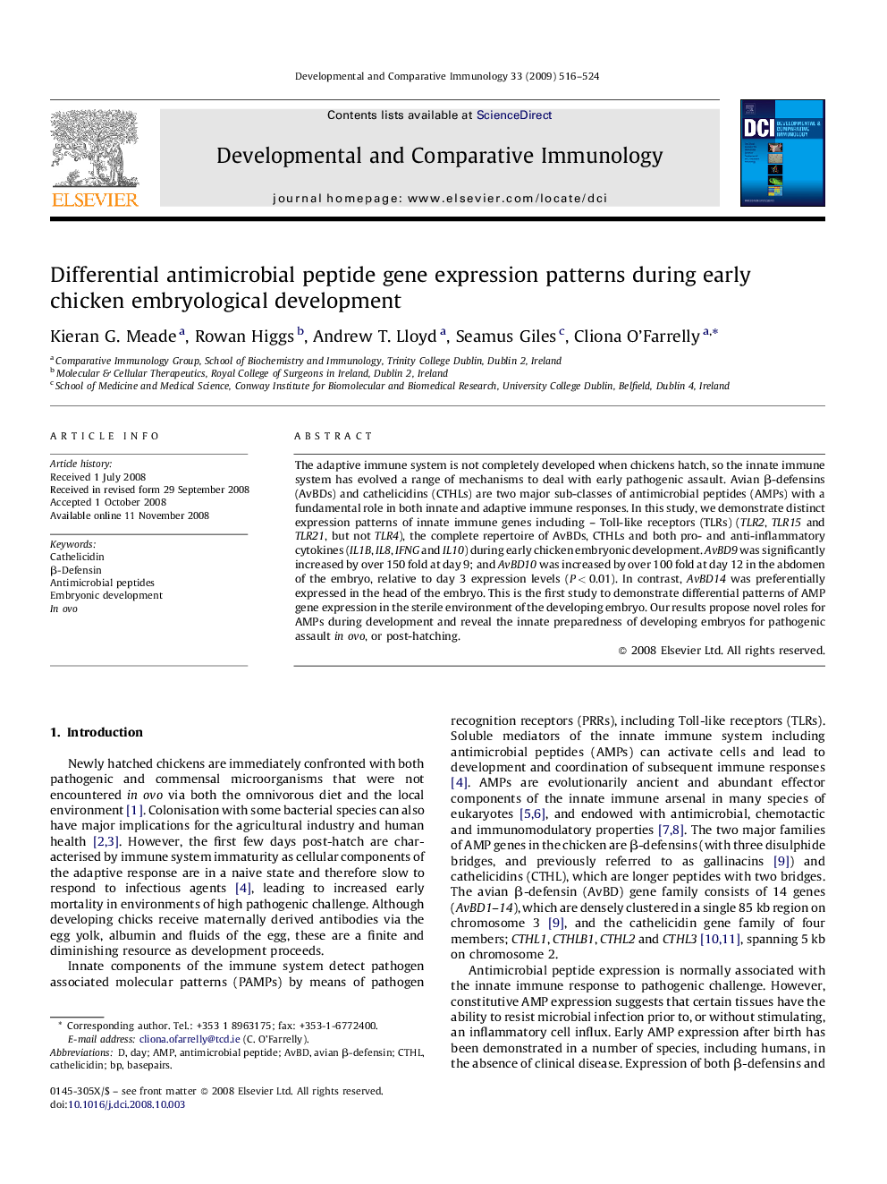 Differential antimicrobial peptide gene expression patterns during early chicken embryological development