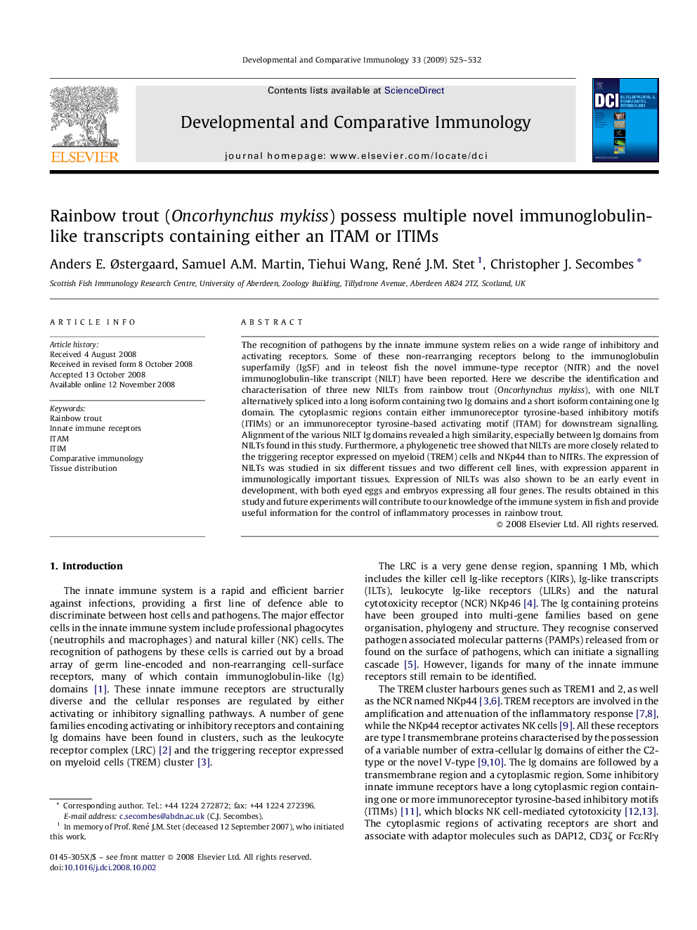 Rainbow trout (Oncorhynchus mykiss) possess multiple novel immunoglobulin-like transcripts containing either an ITAM or ITIMs