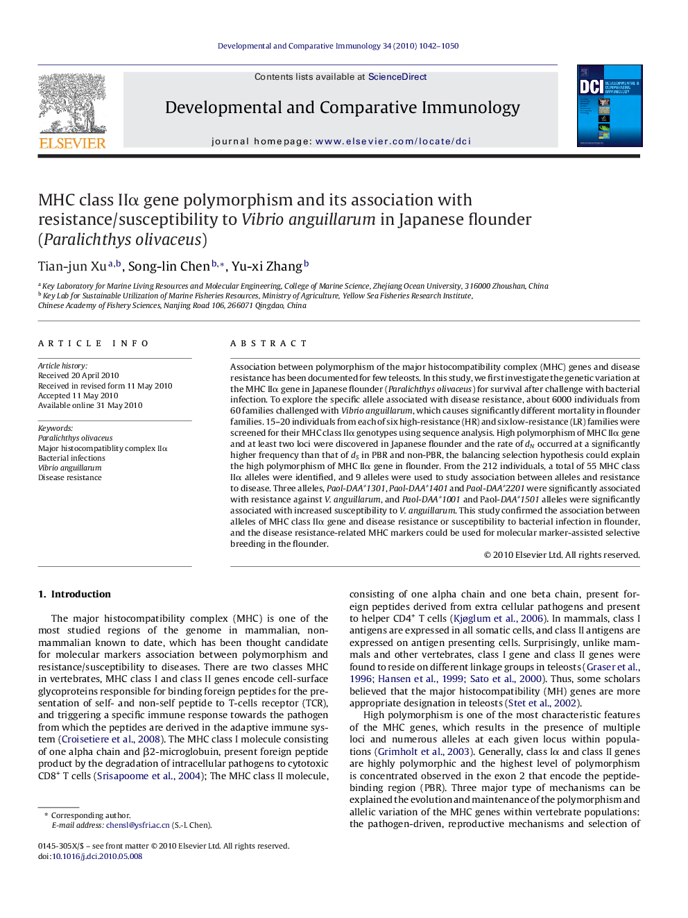 MHC class IIα gene polymorphism and its association with resistance/susceptibility to Vibrio anguillarum in Japanese flounder (Paralichthys olivaceus)