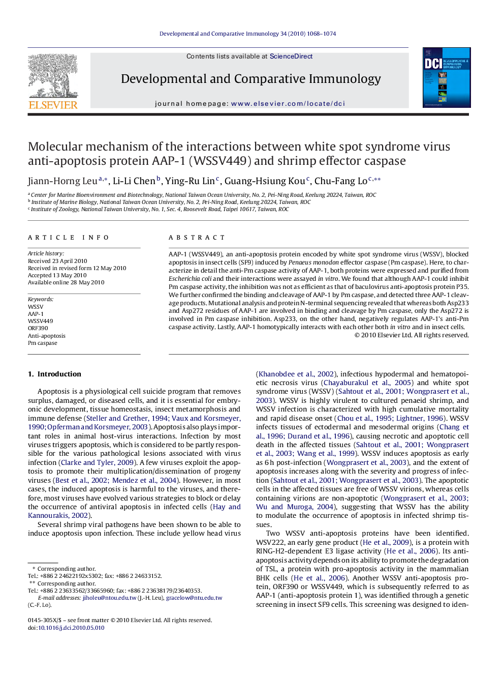 Molecular mechanism of the interactions between white spot syndrome virus anti-apoptosis protein AAP-1 (WSSV449) and shrimp effector caspase