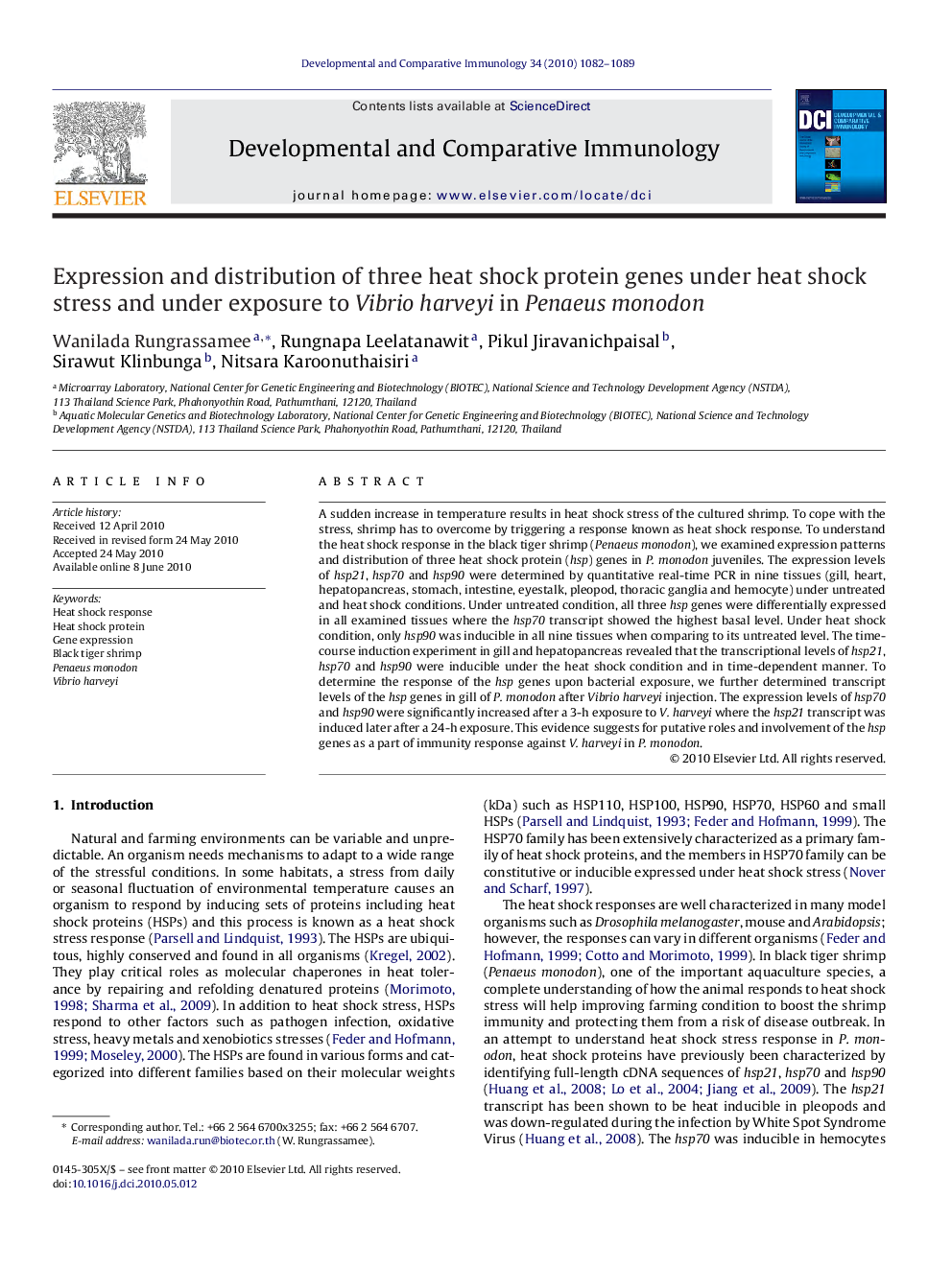 Expression and distribution of three heat shock protein genes under heat shock stress and under exposure to Vibrio harveyi in Penaeus monodon