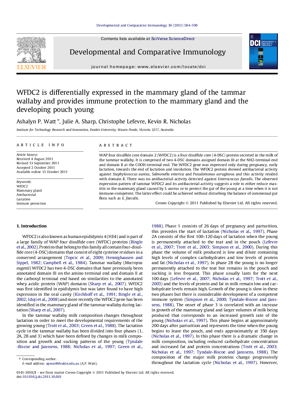 WFDC2 is differentially expressed in the mammary gland of the tammar wallaby and provides immune protection to the mammary gland and the developing pouch young