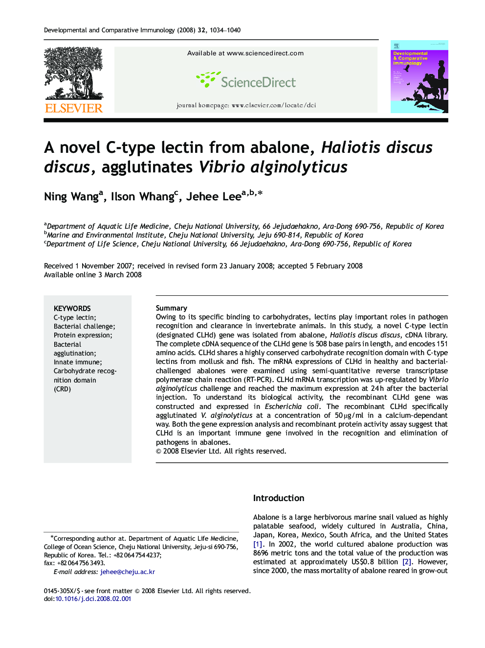 A novel C-type lectin from abalone, Haliotis discus discus, agglutinates Vibrio alginolyticus