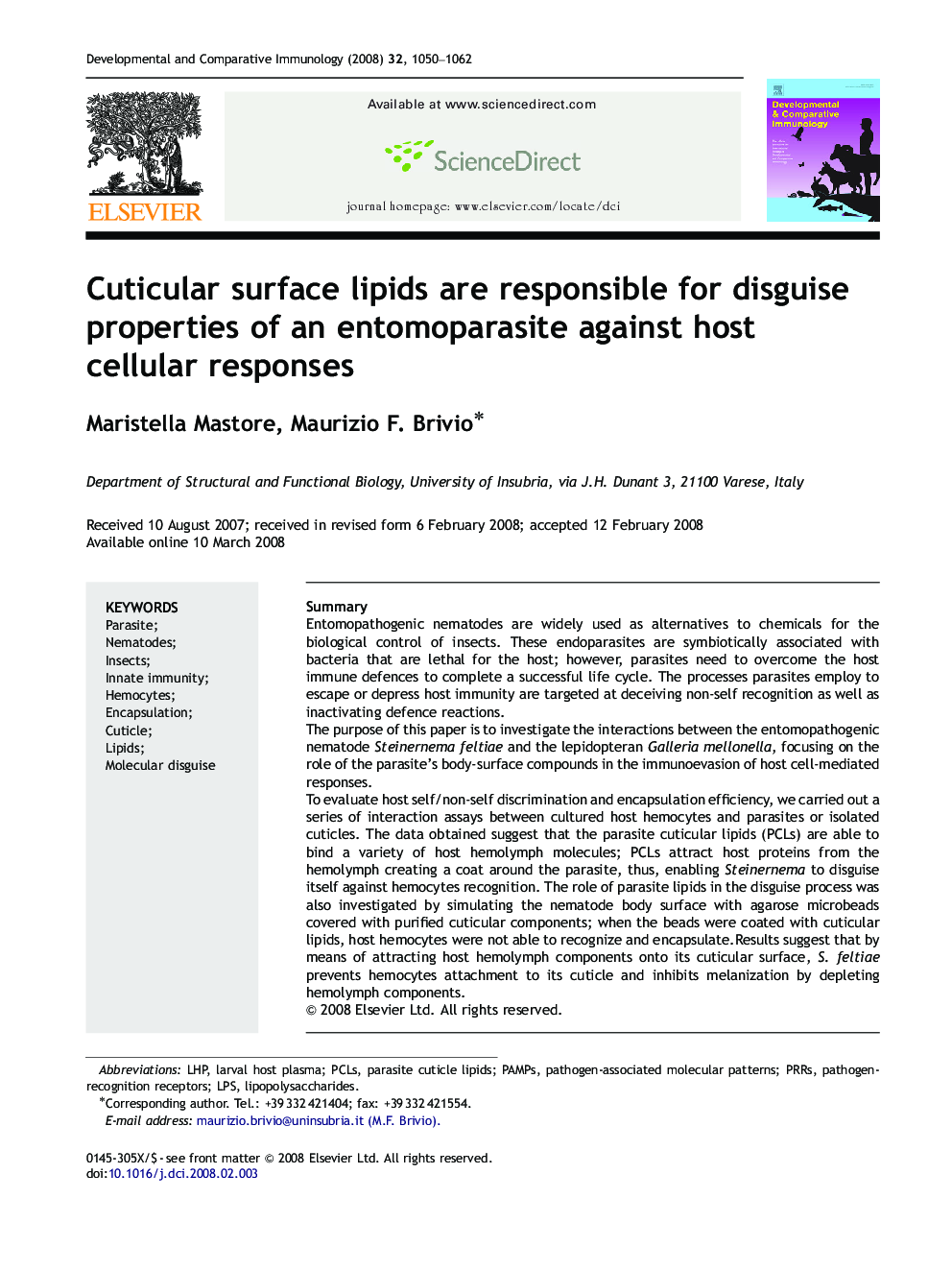 Cuticular surface lipids are responsible for disguise properties of an entomoparasite against host cellular responses