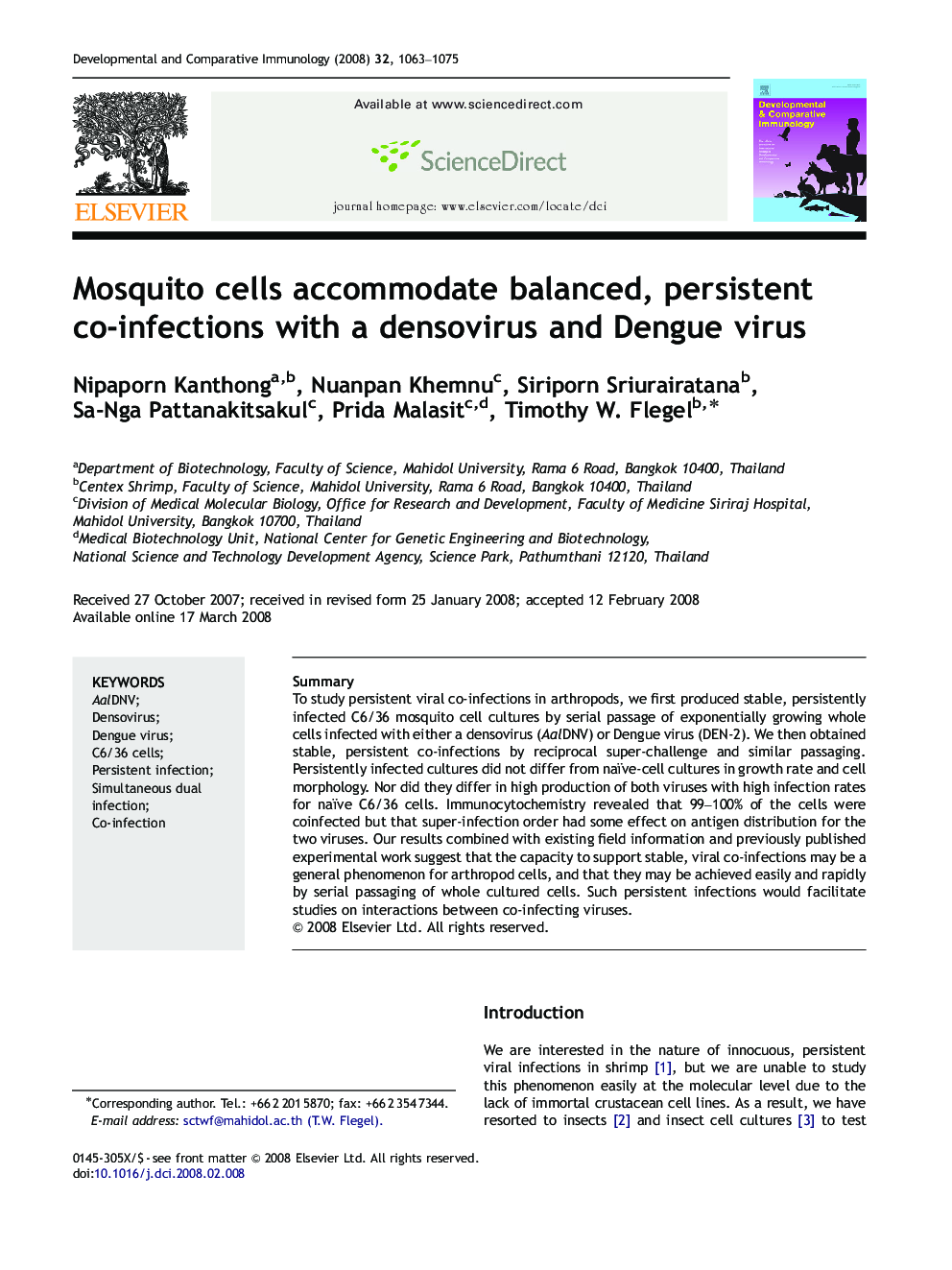 Mosquito cells accommodate balanced, persistent co-infections with a densovirus and Dengue virus