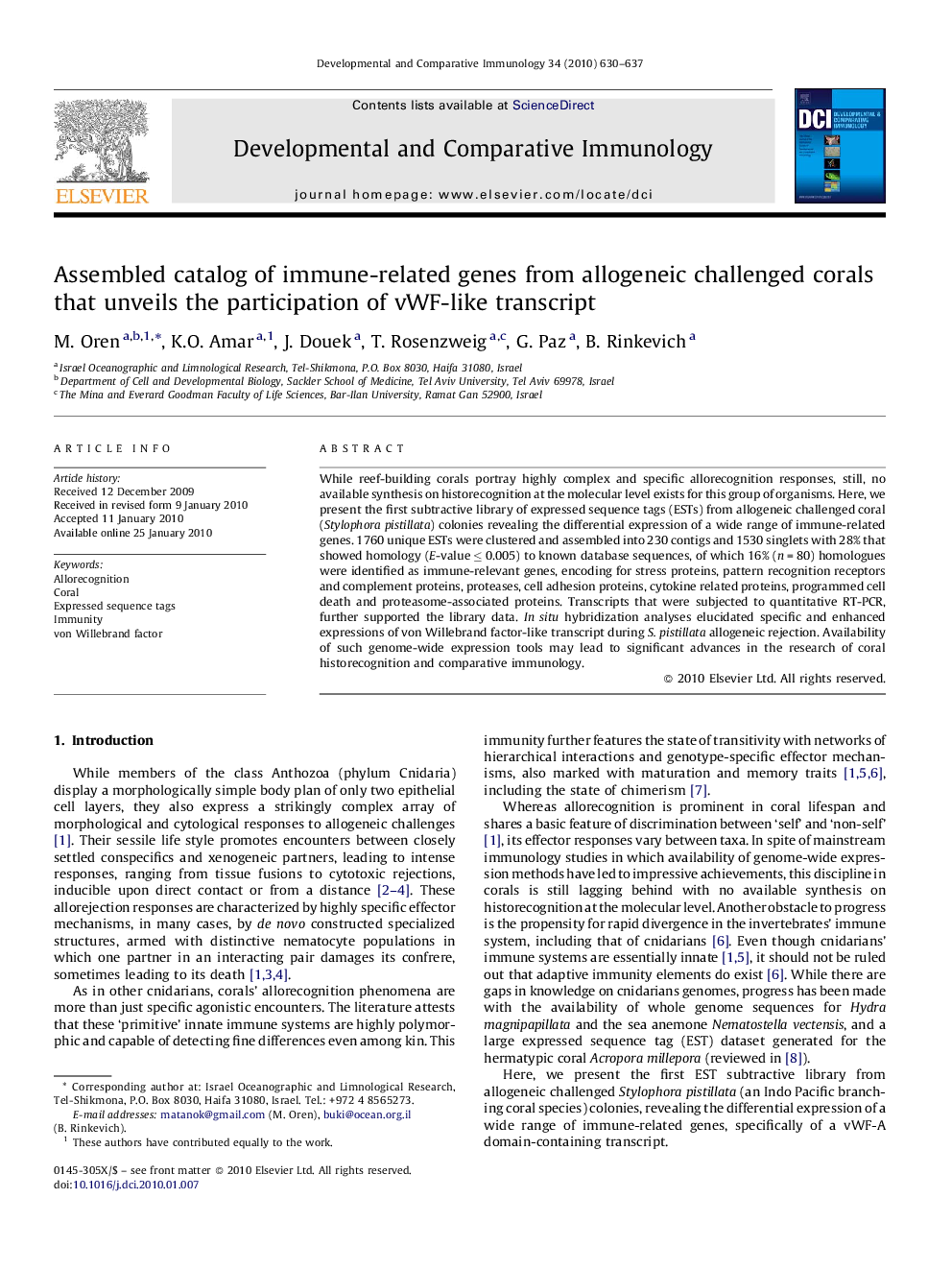 Assembled catalog of immune-related genes from allogeneic challenged corals that unveils the participation of vWF-like transcript