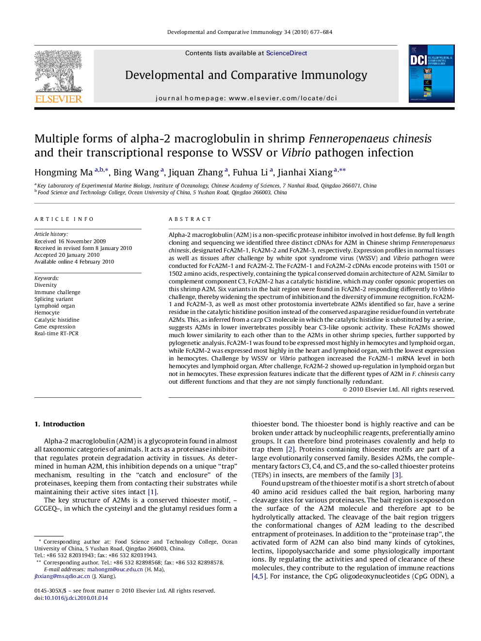 Multiple forms of alpha-2 macroglobulin in shrimp Fenneropenaeus chinesis and their transcriptional response to WSSV or Vibrio pathogen infection