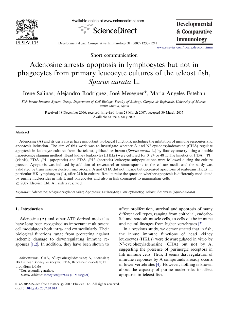 عکس صفحه اول مقاله: Adenosine arrests apoptosis in lymphocytes but not in phagocytes from primary leucocyte cultures of the teleost fish, Sparus aurata L. Adenosine arrests apoptosis in lymphocytes but not in phagocytes from primary leucocyte cultures of the teleost fish, Sparus aurata L.