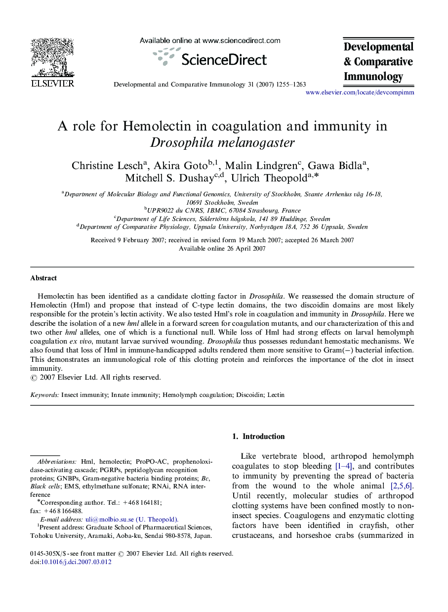 A role for Hemolectin in coagulation and immunity in Drosophila melanogaster