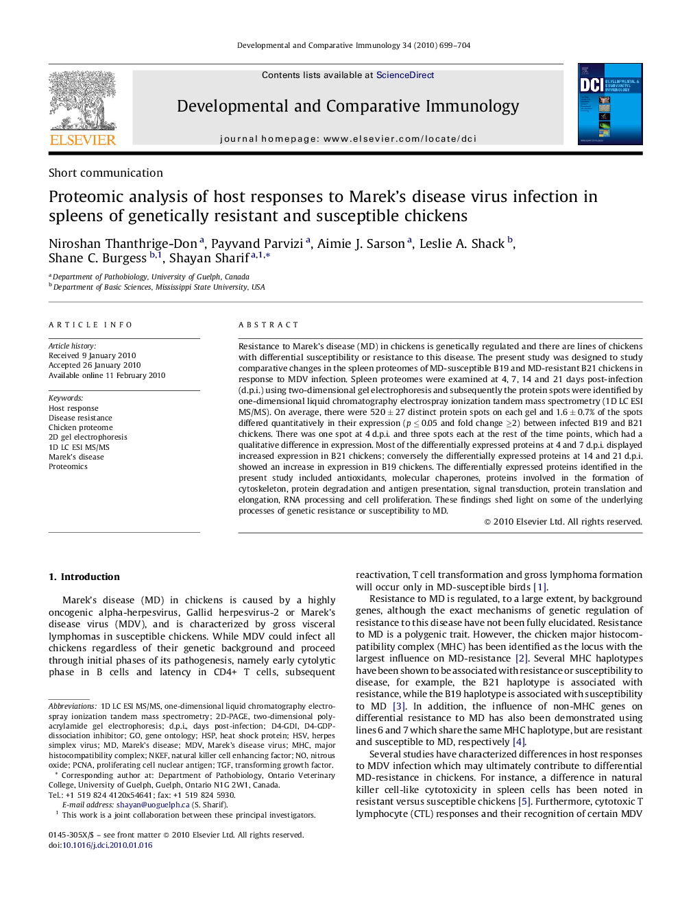 Proteomic analysis of host responses to Marek's disease virus infection in spleens of genetically resistant and susceptible chickens