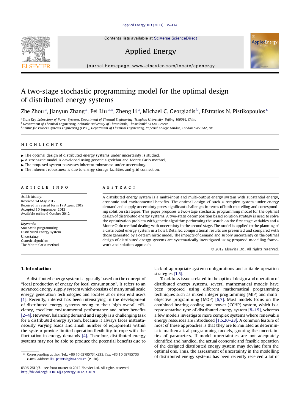 A two-stage stochastic programming model for the optimal design of distributed energy systems