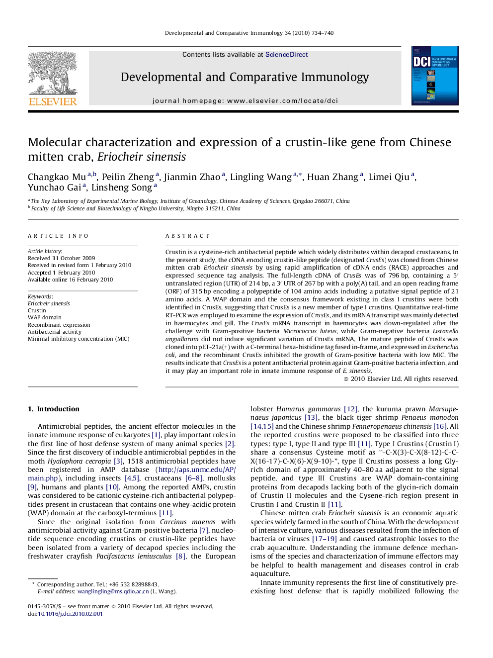 Molecular characterization and expression of a crustin-like gene from Chinese mitten crab, Eriocheir sinensis