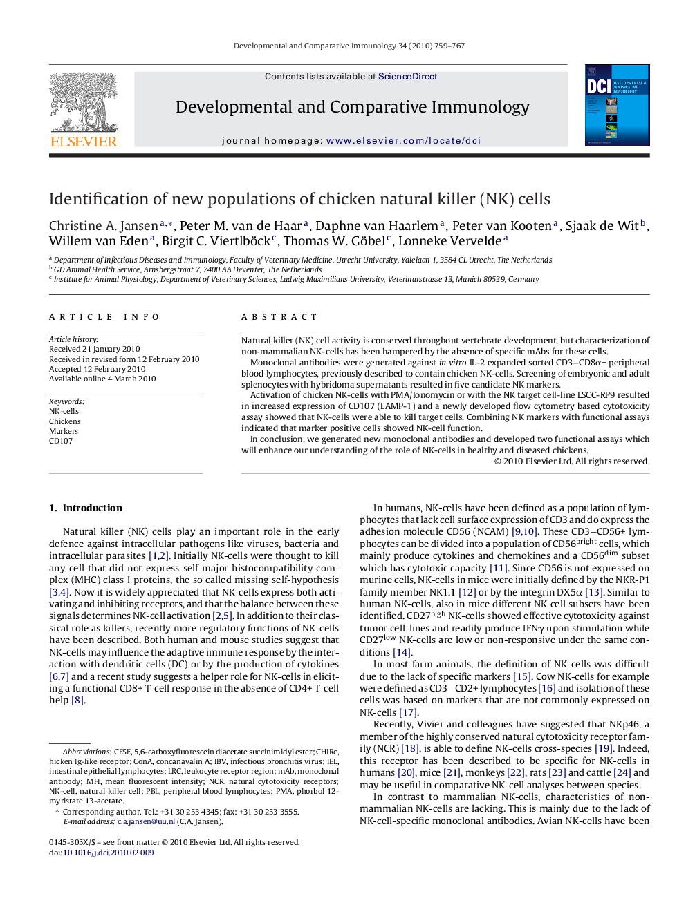 Identification of new populations of chicken natural killer (NK) cells