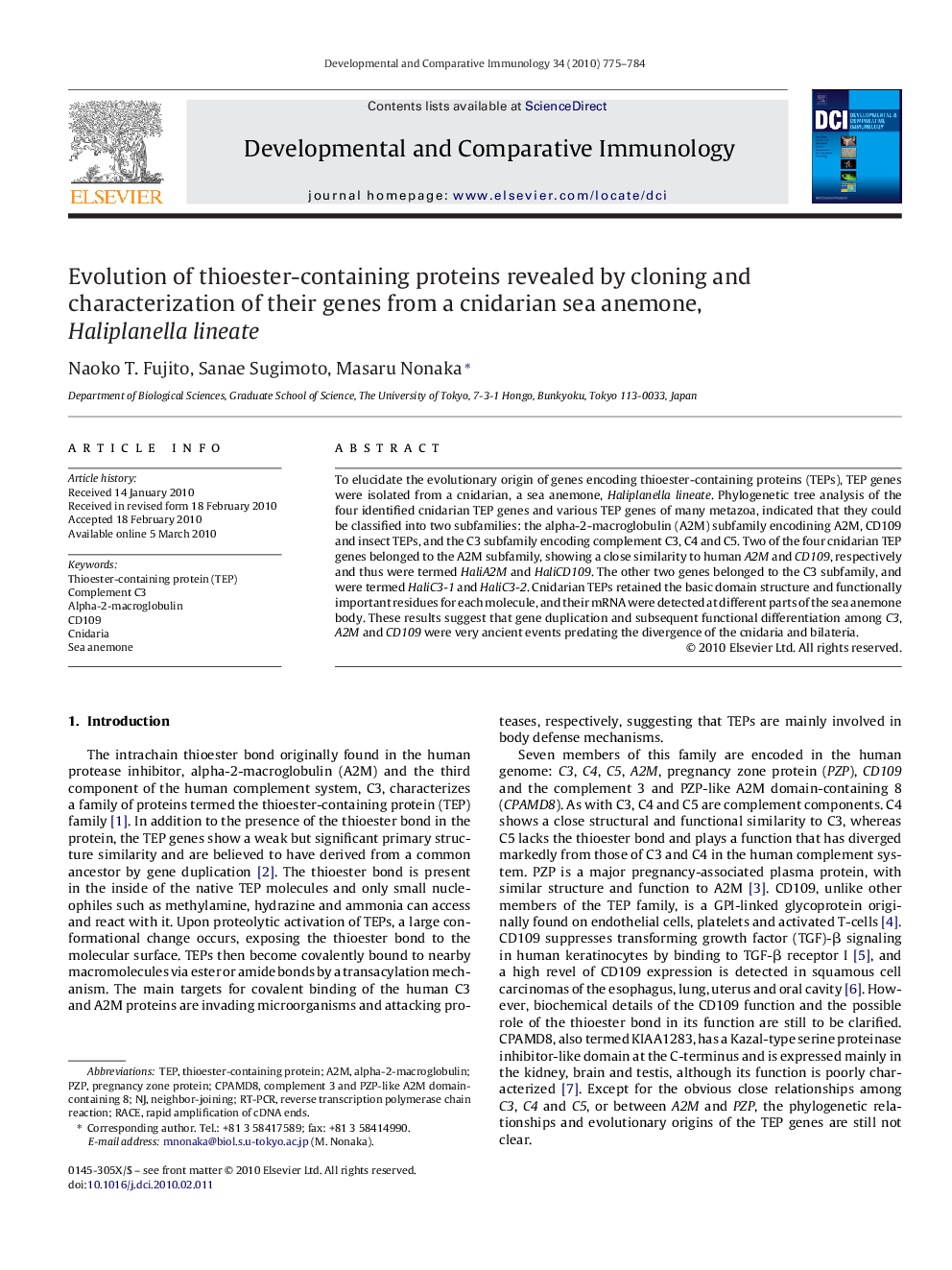 Evolution of thioester-containing proteins revealed by cloning and characterization of their genes from a cnidarian sea anemone, Haliplanella lineate