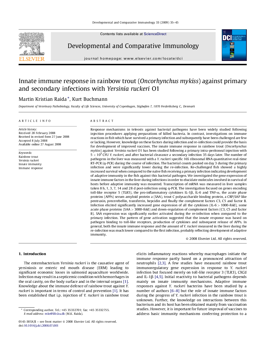 Innate immune response in rainbow trout (Oncorhynchus mykiss) against primary and secondary infections with Yersinia ruckeri O1