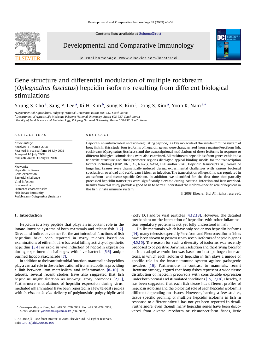 Gene structure and differential modulation of multiple rockbream (Oplegnathus fasciatus) hepcidin isoforms resulting from different biological stimulations