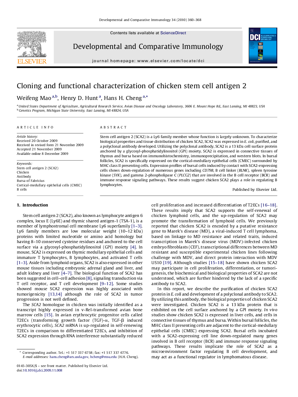 Cloning and functional characterization of chicken stem cell antigen 2