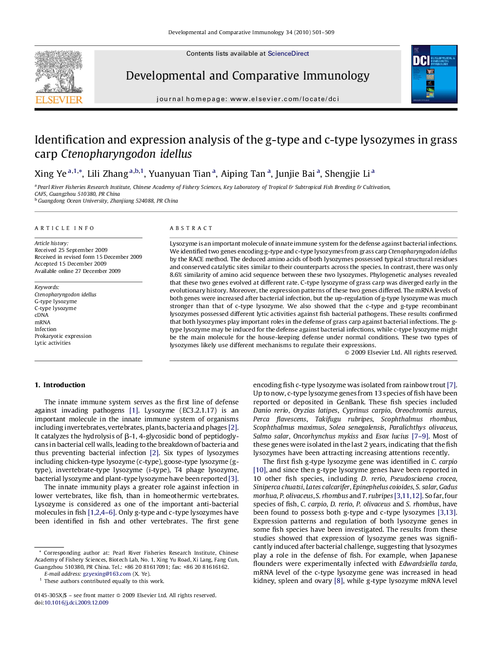 Identification and expression analysis of the g-type and c-type lysozymes in grass carp Ctenopharyngodon idellus