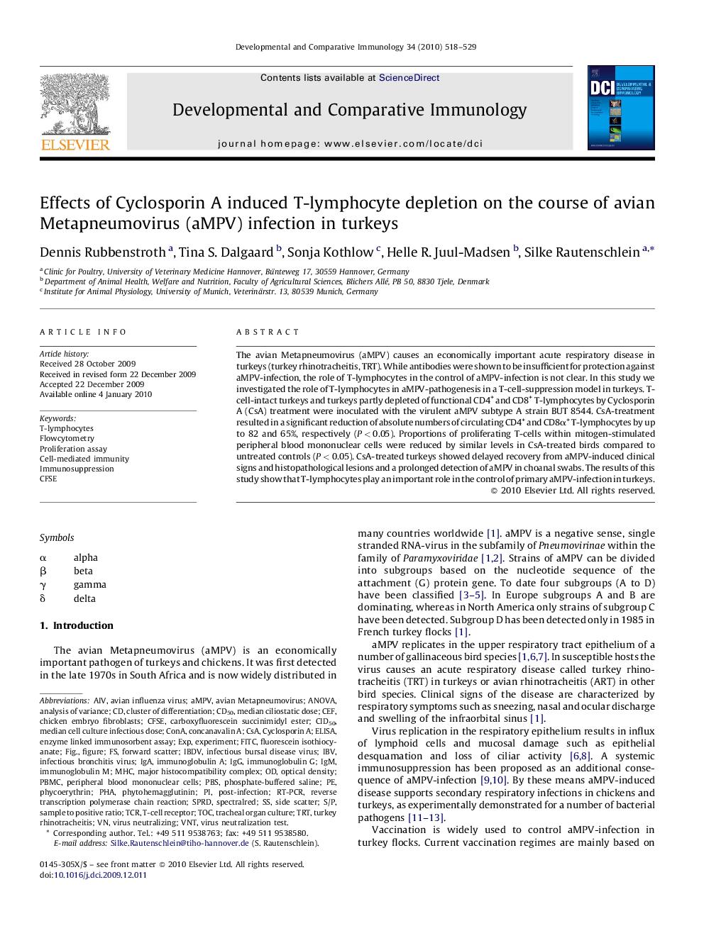 Effects of Cyclosporin A induced T-lymphocyte depletion on the course of avian Metapneumovirus (aMPV) infection in turkeys