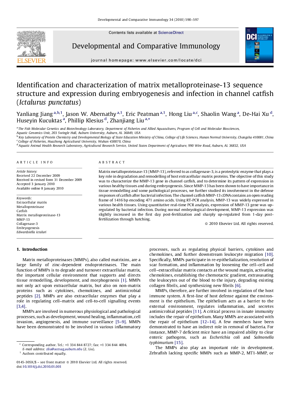 Identification and characterization of matrix metalloproteinase-13 sequence structure and expression during embryogenesis and infection in channel catfish (Ictalurus punctatus)