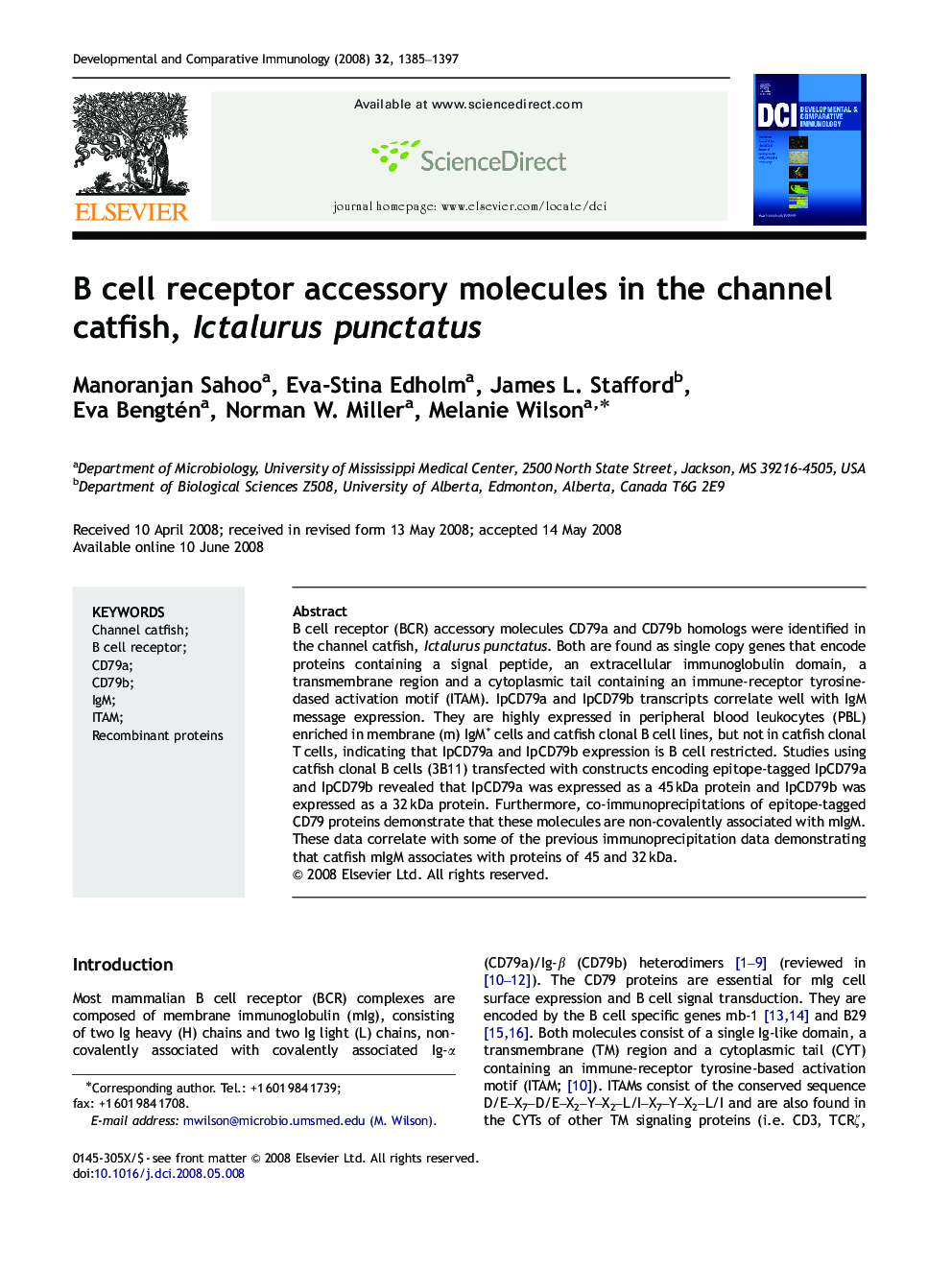 B cell receptor accessory molecules in the channel catfish, Ictalurus punctatus