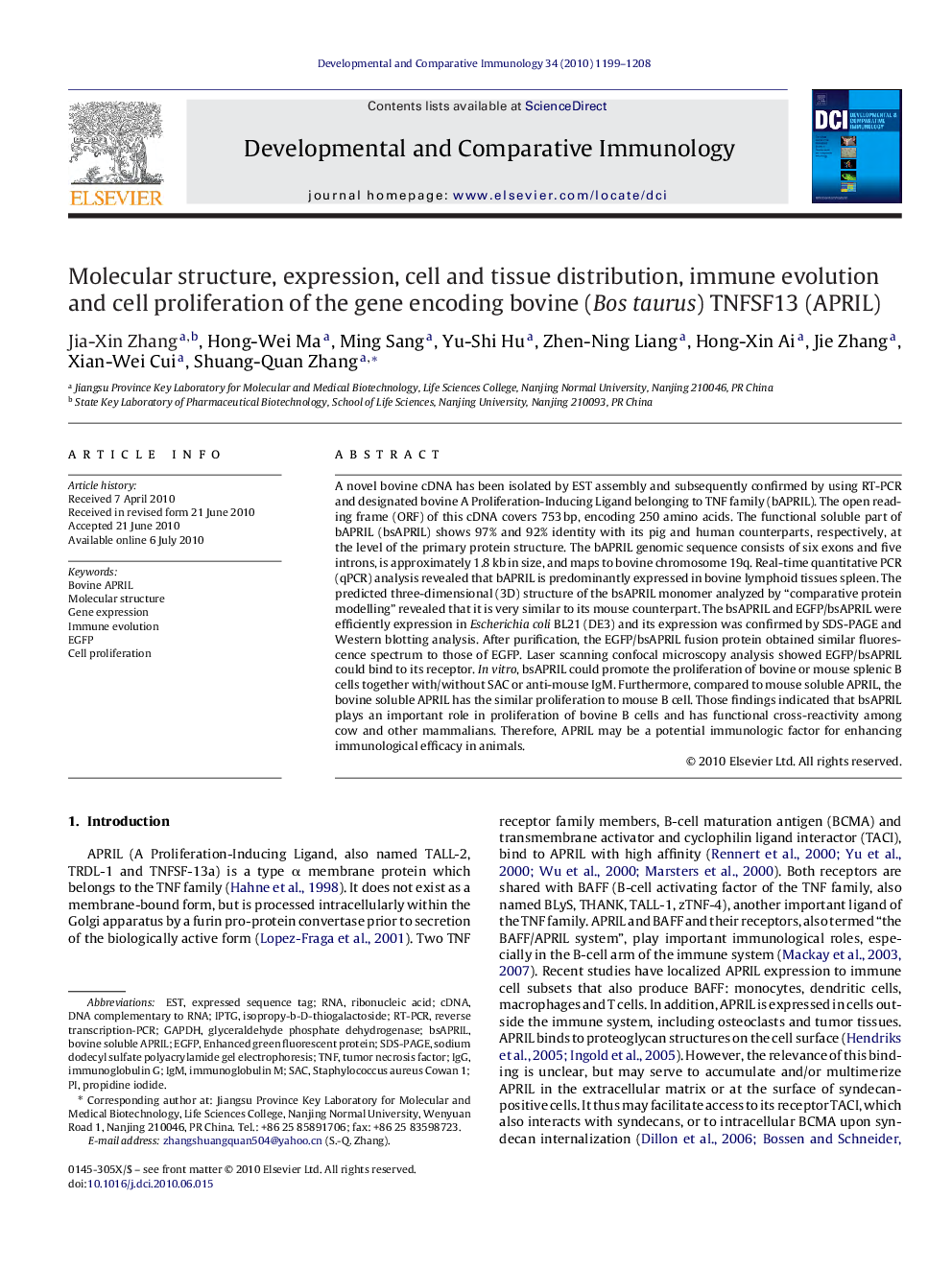 Molecular structure, expression, cell and tissue distribution, immune evolution and cell proliferation of the gene encoding bovine (Bos taurus) TNFSF13 (APRIL)