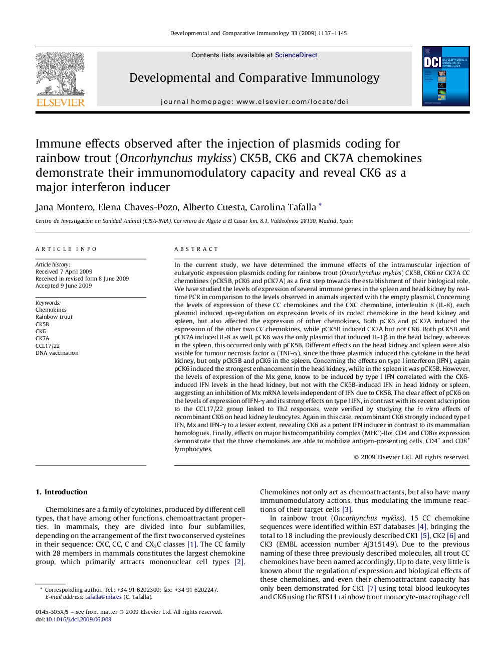 Immune effects observed after the injection of plasmids coding for rainbow trout (Oncorhynchus mykiss) CK5B, CK6 and CK7A chemokines demonstrate their immunomodulatory capacity and reveal CK6 as a major interferon inducer