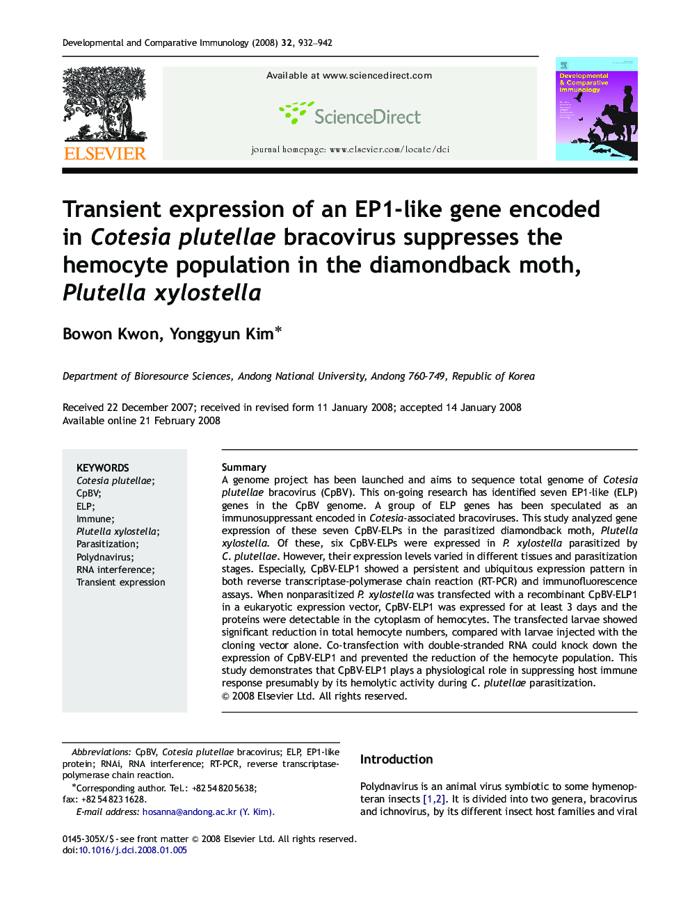 Transient expression of an EP1-like gene encoded in Cotesia plutellae bracovirus suppresses the hemocyte population in the diamondback moth, Plutella xylostella
