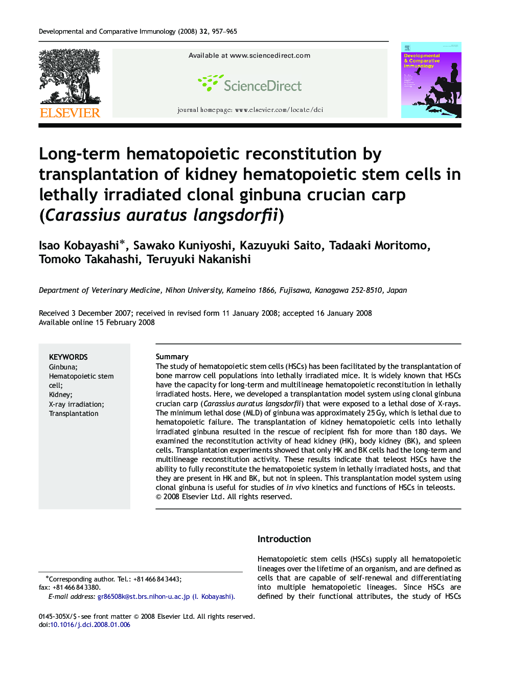 Long-term hematopoietic reconstitution by transplantation of kidney hematopoietic stem cells in lethally irradiated clonal ginbuna crucian carp (Carassius auratus langsdorfii)