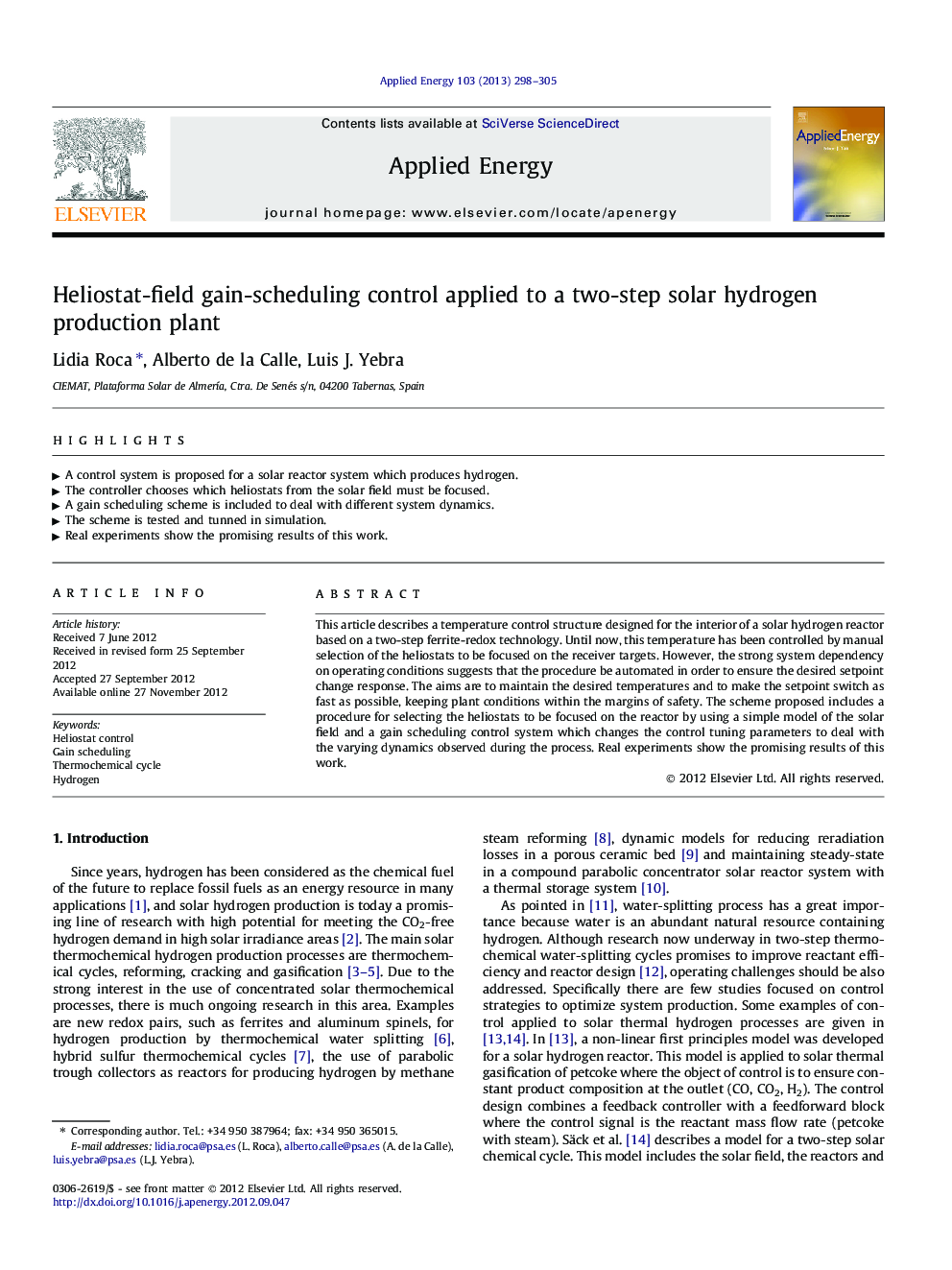 Heliostat-field gain-scheduling control applied to a two-step solar hydrogen production plant