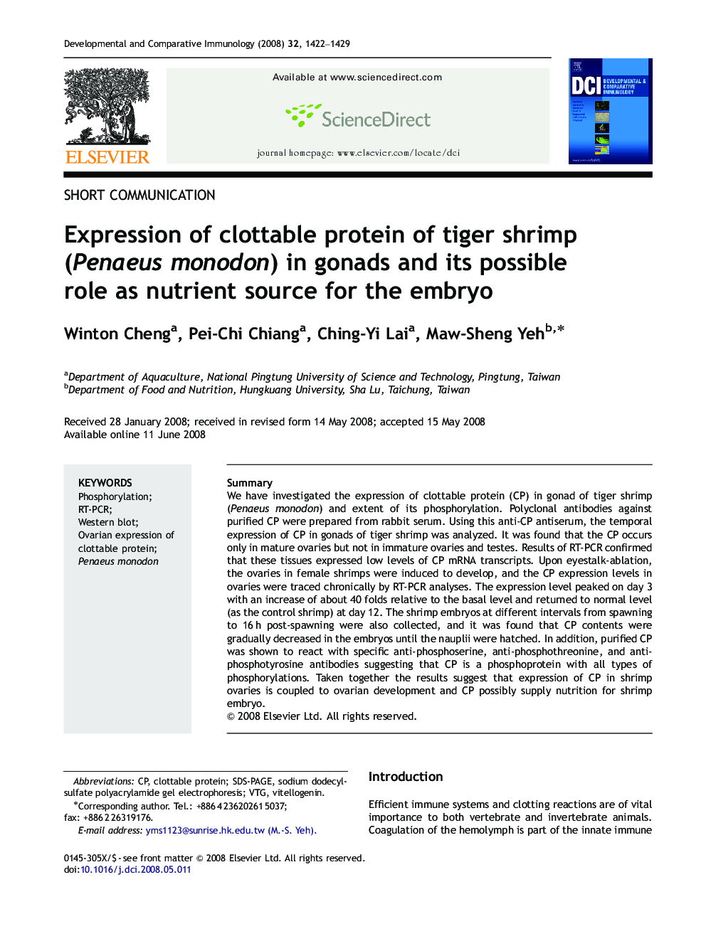 Expression of clottable protein of tiger shrimp (Penaeus monodon) in gonads and its possible role as nutrient source for the embryo