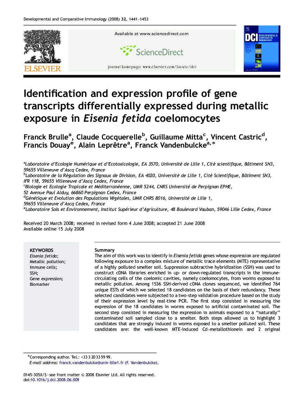 Identification and expression profile of gene transcripts differentially expressed during metallic exposure in Eisenia fetida coelomocytes