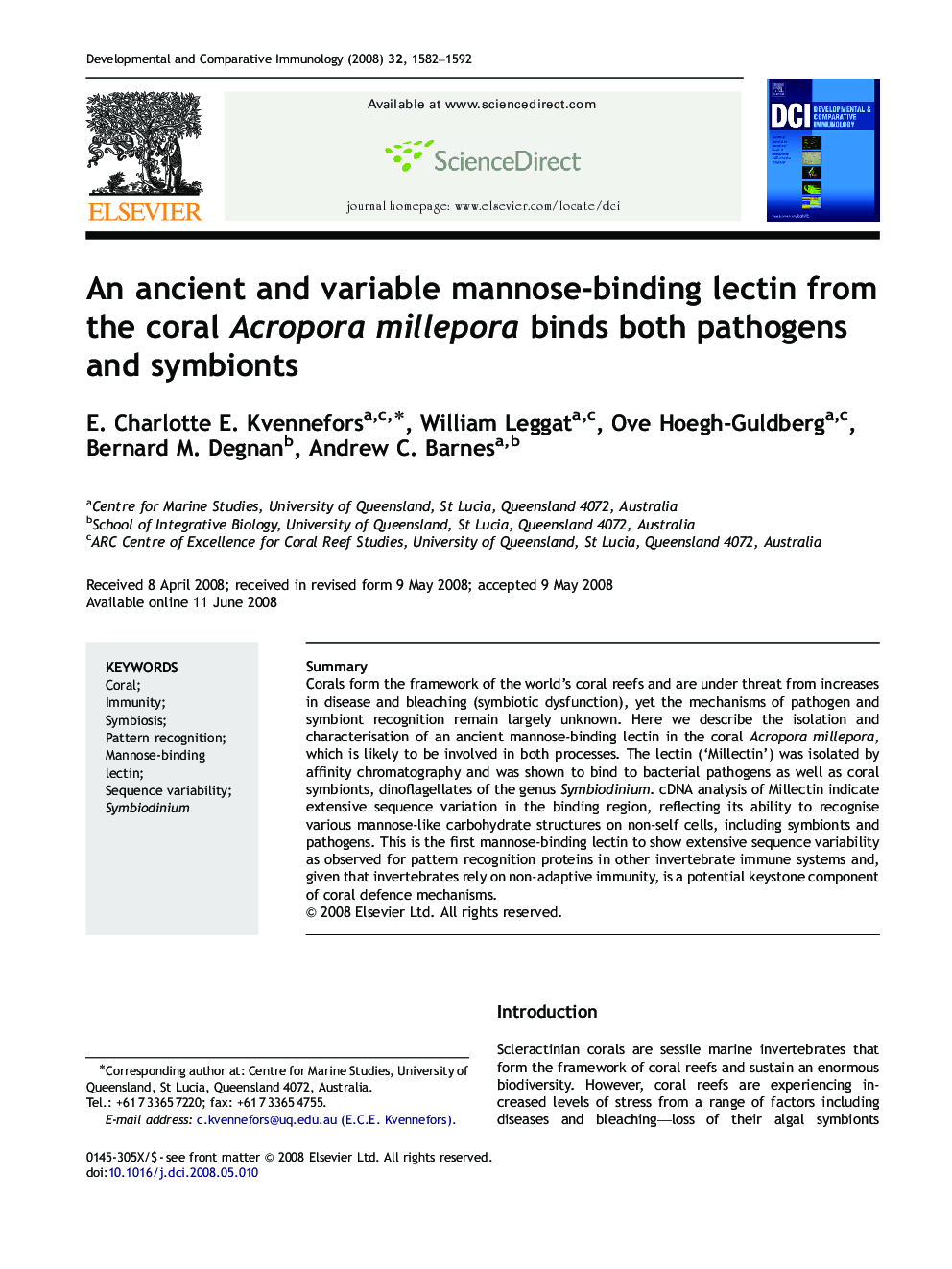 An ancient and variable mannose-binding lectin from the coral Acropora millepora binds both pathogens and symbionts