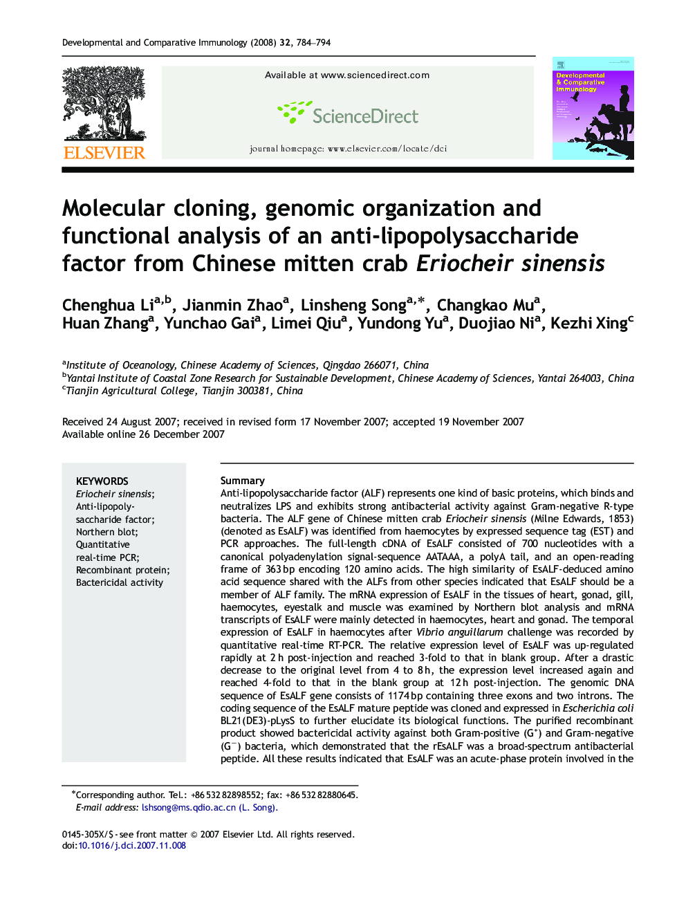 Molecular cloning, genomic organization and functional analysis of an anti-lipopolysaccharide factor from Chinese mitten crab Eriocheir sinensis