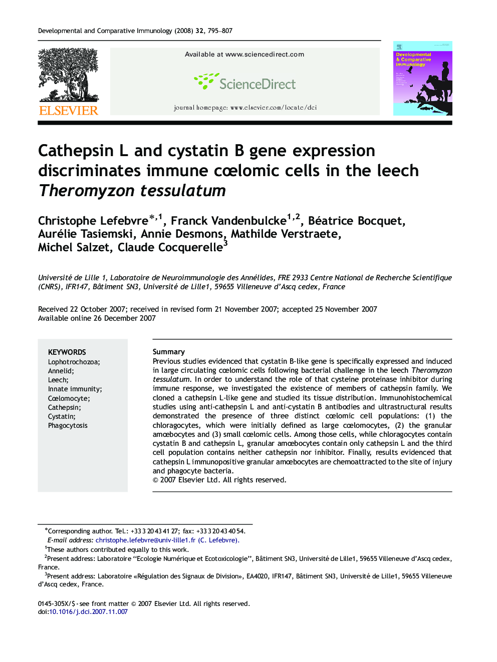 Cathepsin L and cystatin B gene expression discriminates immune cœlomic cells in the leech Theromyzon tessulatum