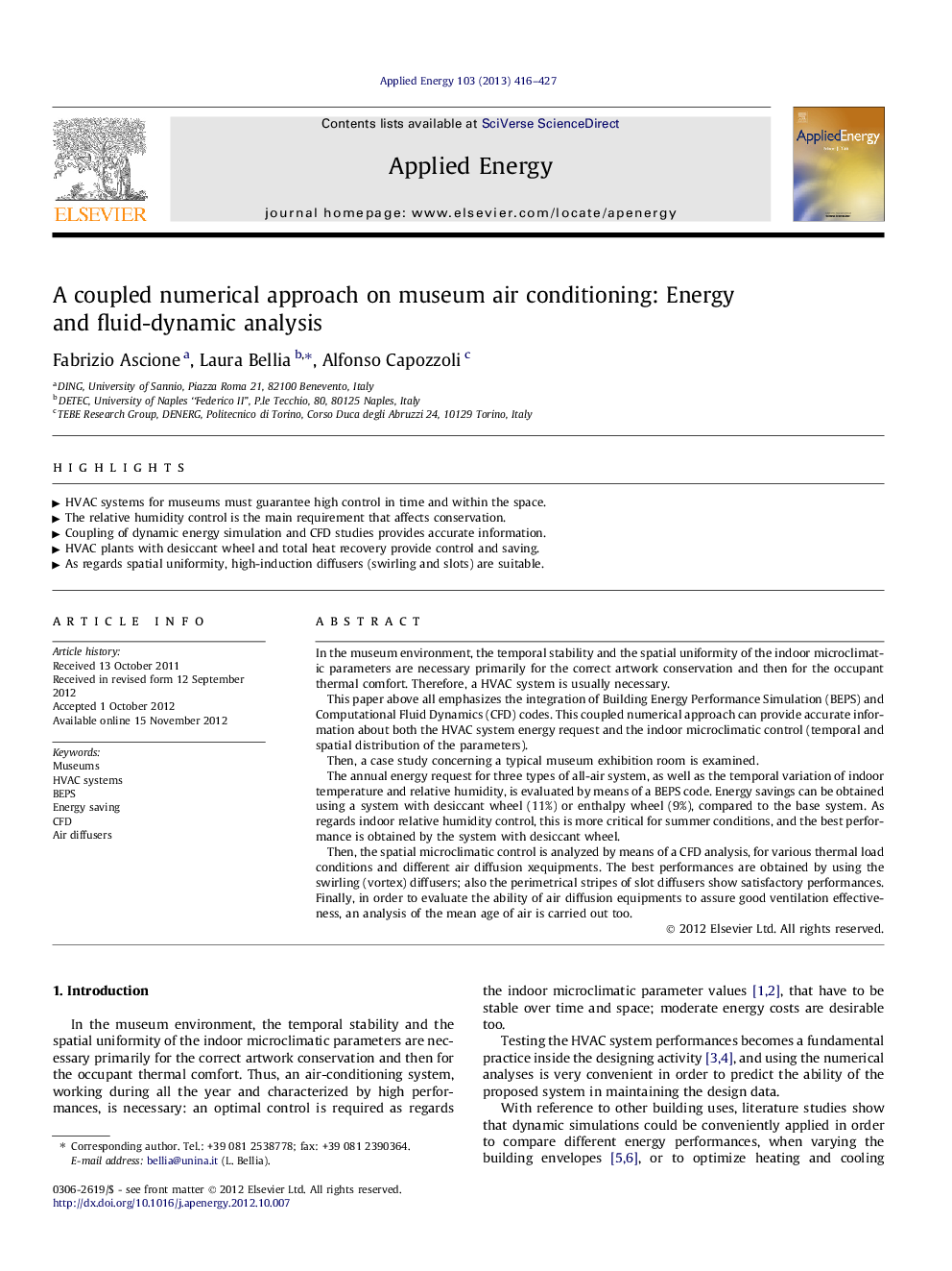 A coupled numerical approach on museum air conditioning: Energy and fluid-dynamic analysis