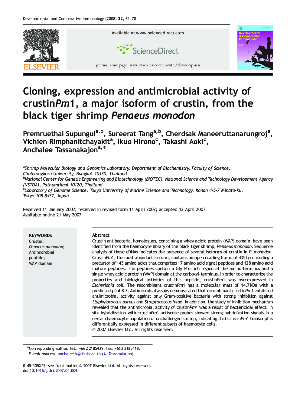 Cloning, expression and antimicrobial activity of crustinPm1, a major isoform of crustin, from the black tiger shrimp Penaeus monodon