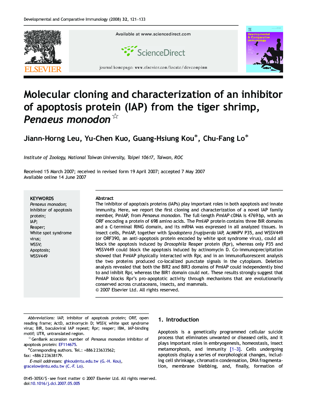 Molecular cloning and characterization of an inhibitor of apoptosis protein (IAP) from the tiger shrimp, Penaeus monodon 