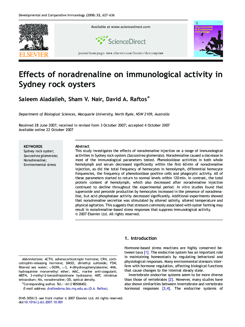 Effects of noradrenaline on immunological activity in Sydney rock oysters