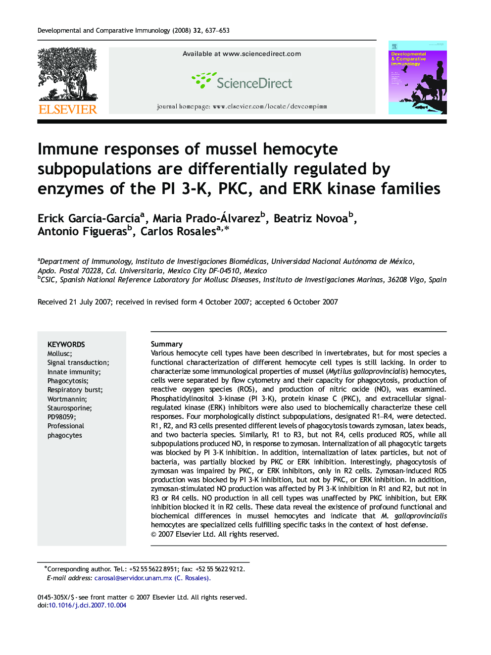 Immune responses of mussel hemocyte subpopulations are differentially regulated by enzymes of the PI 3-K, PKC, and ERK kinase families