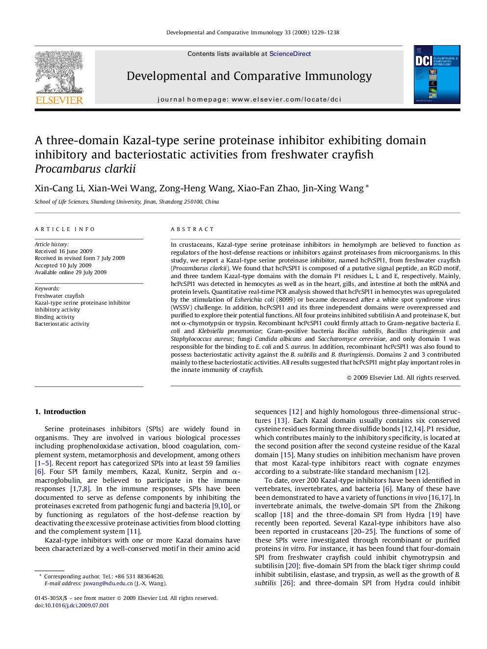 A three-domain Kazal-type serine proteinase inhibitor exhibiting domain inhibitory and bacteriostatic activities from freshwater crayfish Procambarus clarkii