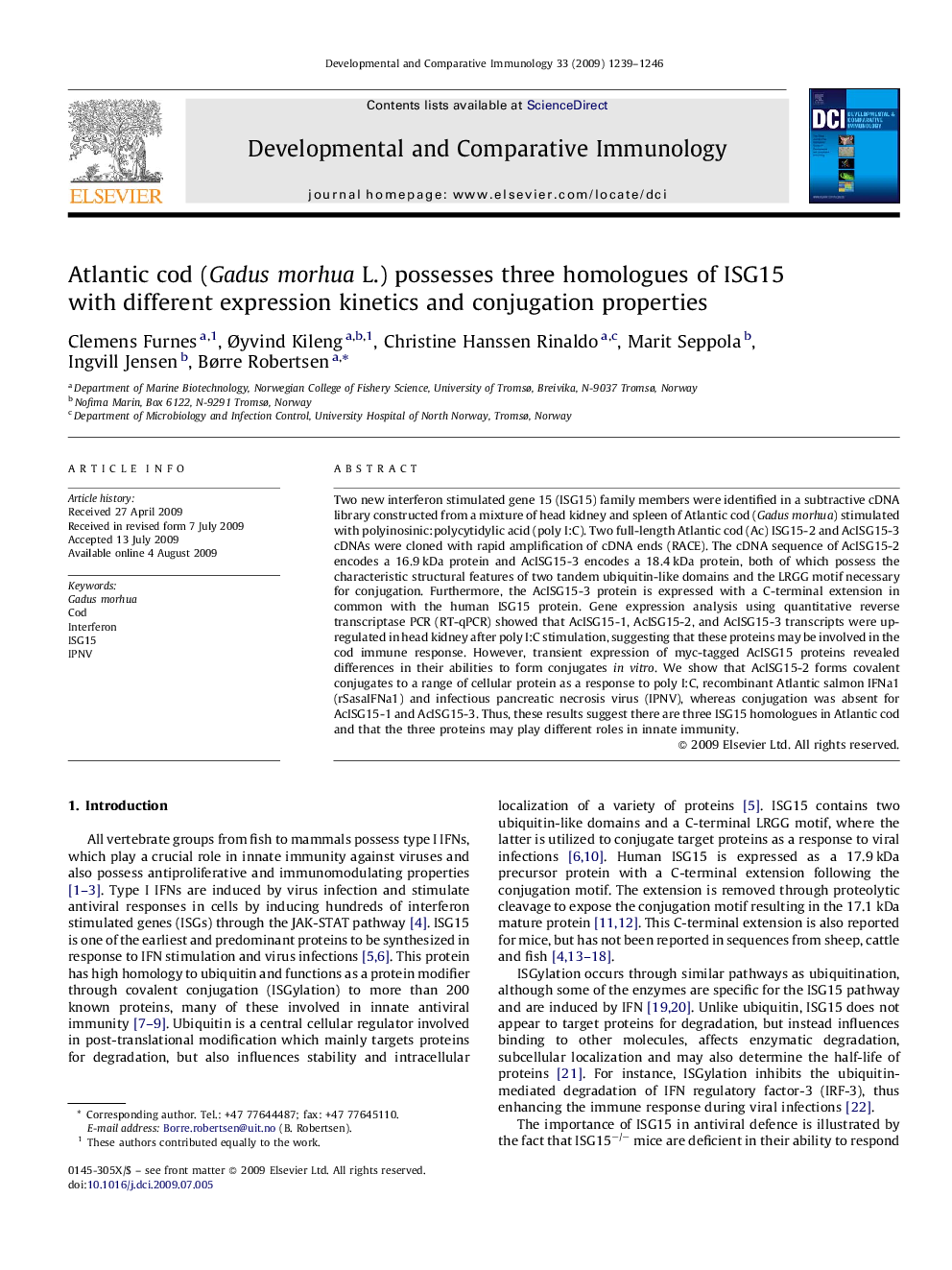 Atlantic cod (Gadus morhua L.) possesses three homologues of ISG15 with different expression kinetics and conjugation properties