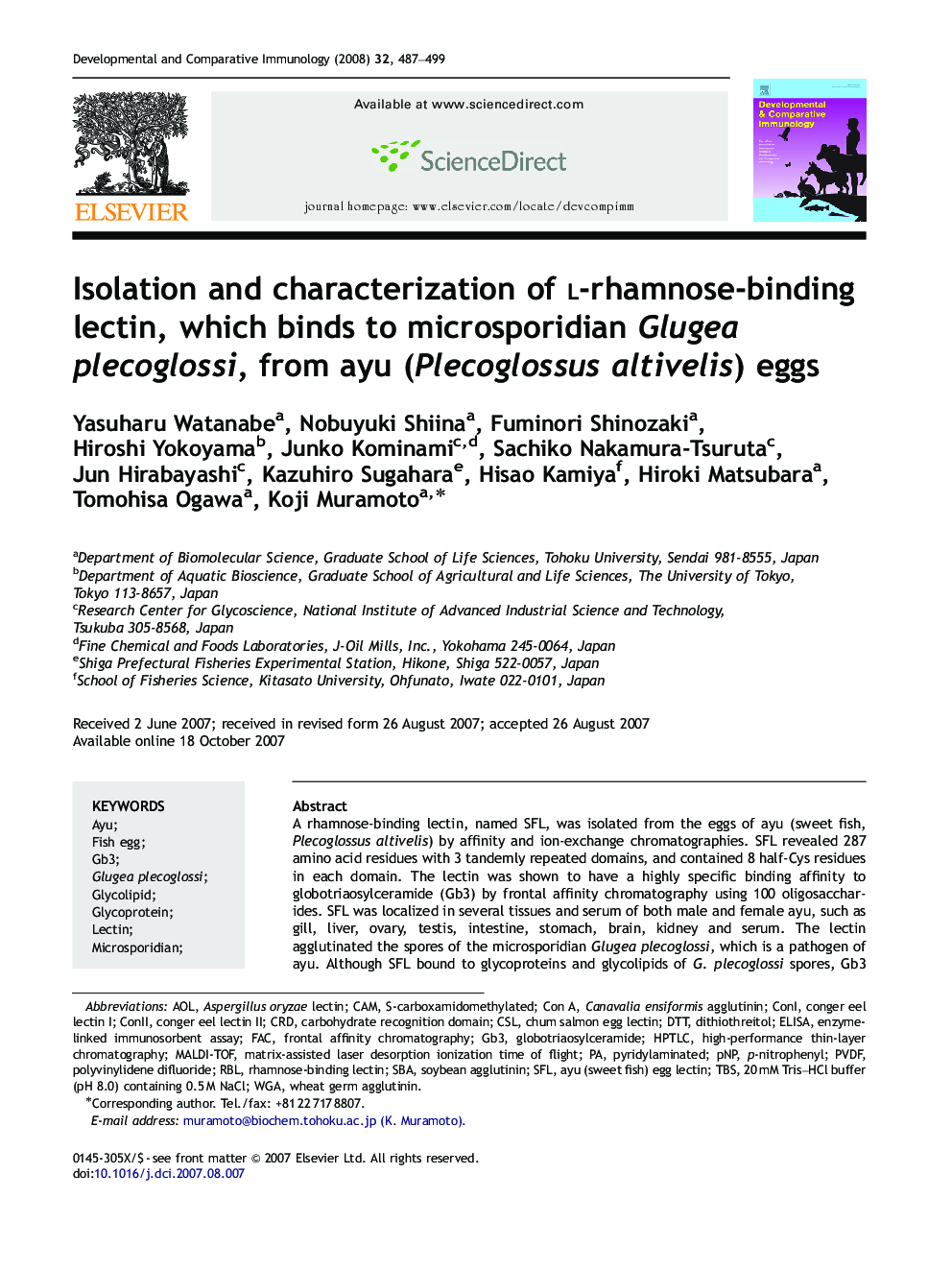 Isolation and characterization of l-rhamnose-binding lectin, which binds to microsporidian Glugea plecoglossi, from ayu (Plecoglossus altivelis) eggs